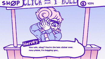 BLOODMONEY psychological clicker game screenshot showing Harvey Harvington character and clicking interface